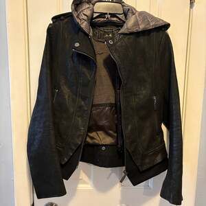 Bernardo Leather Jacket with Hood - Dark Brown